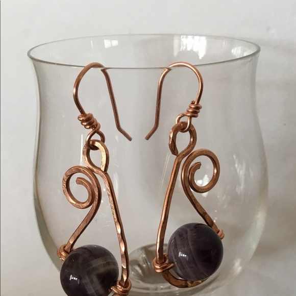 Fiddle Head Earrings - Genuine Amethyst on Copper - Picture 4 of 5